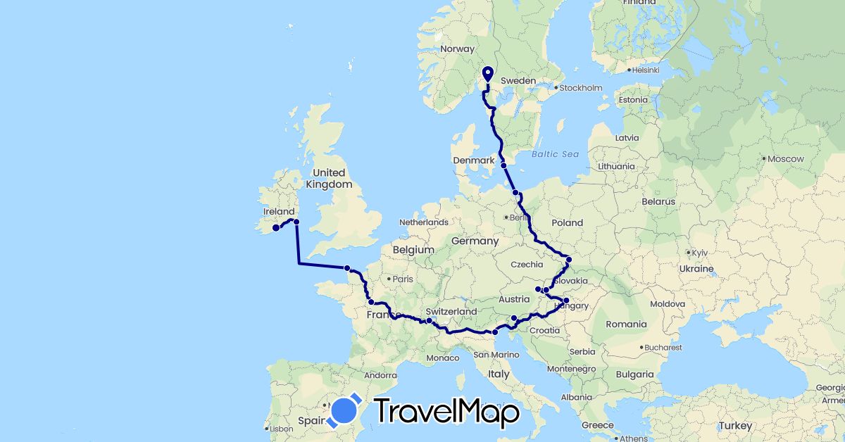 TravelMap itinerary: driving in Austria, France, Hungary, Ireland, Italy, Norway, Poland, Sweden, Slovenia, Slovakia (Europe)