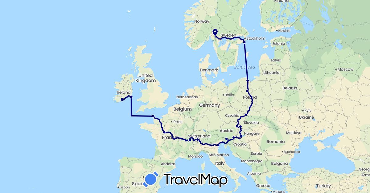 TravelMap itinerary: driving in Austria, Switzerland, Czech Republic, France, Hungary, Ireland, Italy, Norway, Poland, Sweden, Slovenia, Slovakia (Europe)